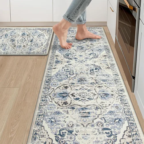 Miniatura 10 de Ileading Juego de 2 tapetes de cocina antifatiga, acolchados para piso, impermeables, antideslizantes, cómodos para cocina, oficina, fregadero, Gris