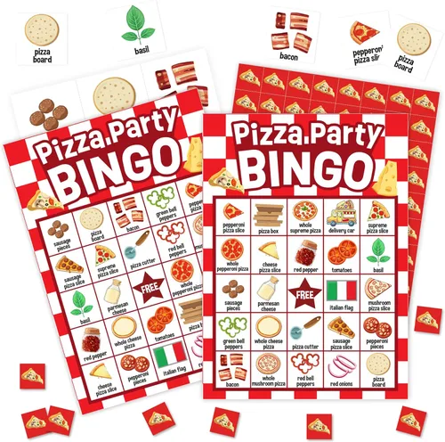 Pizza Games Tarjetas de bingo, juego de bingo con temática de comida gourmet, juego de pizza para baby shower para familiares y amigos, grandes Rojo