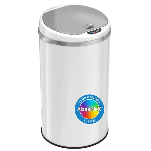 iTouchless Cubo de basura de 8 galones con filtro de olor, cubo de basura redondo de acero inoxidable blanco para el hogar, oficina, trabajo,