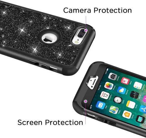 Miniatura 5 de Hython Defender con brillantina, carcasa rígida híbrida, a prueba de golpes, goma para iPhone 7 Plus y 8 Plus, Negro Oscuro