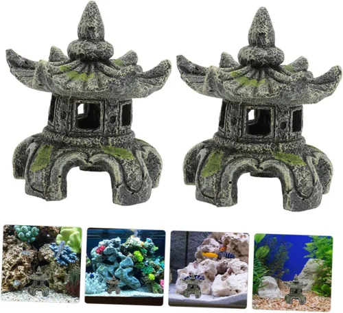 Miniatura 5 de Yardwe Resina artesanal pecera estatua de pabellón de peces escondido de peces adornos 2 piezas decoración fácil lavado seguro acuario decoración