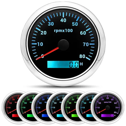 ARTILAURA Tacómetro para Barco Tacometro 85mm 3-3/8" 7 Color LED 8000 RPM Medidor para Coche AUTO Marino Camión 9-32V (Negro & Plata)