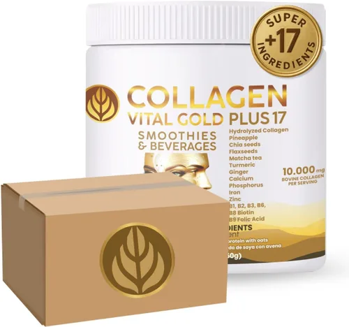 Vital Life - Polvo de péptidos de colágeno + 17 súper ingredientes, 1.6 libras (paquete de 6), sabor a piña, apoya el cabello, la piel, las uñas,