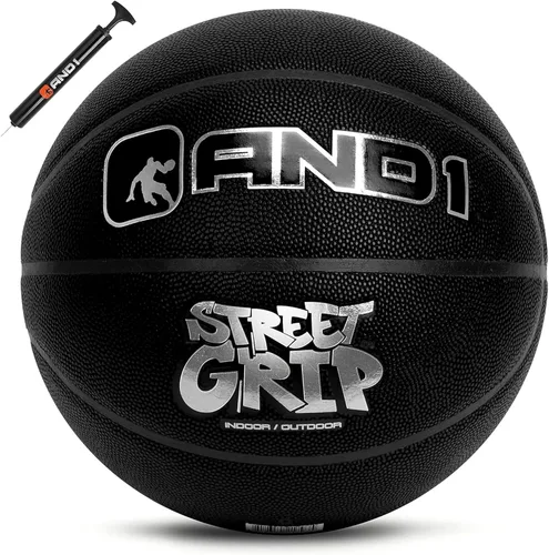 AND1 Street Grip - Balón de baloncesto de cuero compuesto premium y bomba, balón oficial de Streetball tamaño 7 (29.5 pulgadas), hecho para juegos