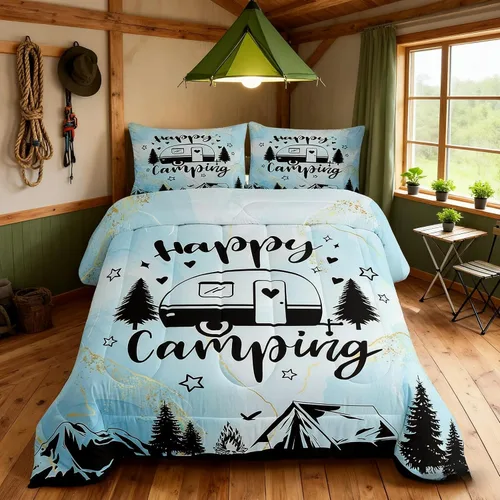 Miniatura 39 de Juego de Edredón para Acampar Feliz para Niños Tamaño Individual, Juego de Ropa de Cama Rústica de Aventura de Granja y Cabaña, Decoración