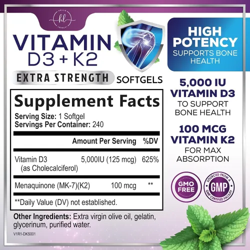 Miniatura 2 de Vitamina D con K2 (MK-7) – Vitamina D3 5000IU (125 mcg) por porción – Suplemento complejo D3K2 para huesos, dientes, músculos, absorción de calcio