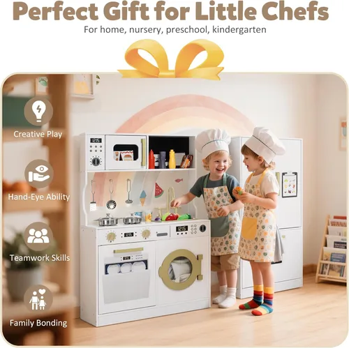 Miniatura 5 de TODEFULL Juego de Cocina de Madera para Niños, Juego de Cocina de Simulación para Niños, Cocina de Juguete Interactiva con Congelador, Lavadora