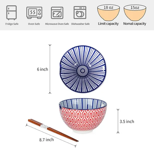 Miniatura 2 de Selamica Juego de cuencos de cerámica para ramen, cuencos de fideos de 15 onzas para cocina con palillos, cuencos profundos para sopa japonesa