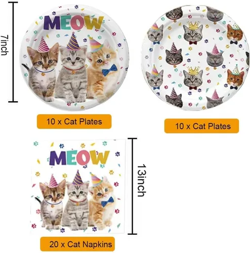 Miniatura 4 de 40 piezas de suministros para fiesta de cumpleaños de gatos, decoraciones de fiesta de cumpleaños para gatos, platos y servilletas, suministros