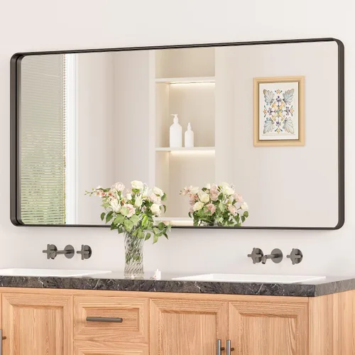 Miniatura 21 de Keonjinn Espejos de baño negros para sobre el fregadero, espejos cuadrados grandes de 36 x 36 pulgadas para pared, espejo rectangular redondeado