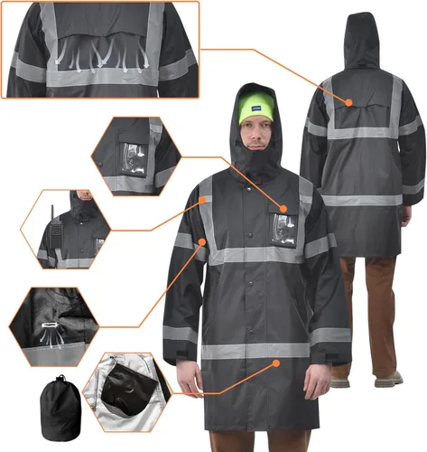 Miniatura 3 de A-SAFETY Chaqueta de lluvia de alta visibilidad, gabardina y chaqueta de lluvia de seguridad RIVER OTTER Petos de lluvia ANSI Clase 3 Negro