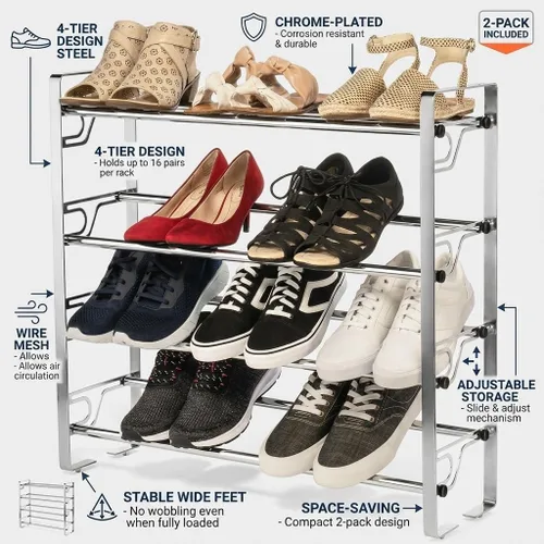 Miniatura 4 de USTECH Zapatero de 4 niveles patentado ajustable y expandible Estante de metal portátil para armario de entrada Estante de metal para zapatos