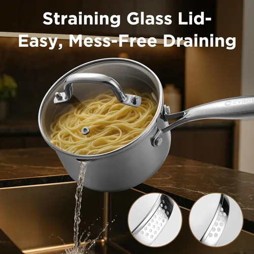 Miniatura 5 de Sartén de acero inoxidable de tres capas con cesta de vapor y tapa de vidrio colador, olla multifunción 2 en 1 para cocinar al vapor, hervir