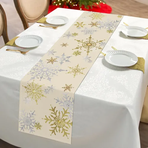 Miniatura 2 de Bonhause Camino de mesa con copos de nieve de invierno 13x72 pulgadas plateado y dorado, decoración de Navidad, invierno, vacaciones, cocina