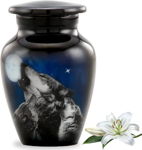 Miniatura 9 de Urna de cremación de lobos de medianoche – 3 lobos aullando a la luna – Urna de lobo de tamaño completo para cenizas humanas de hasta 210 libras