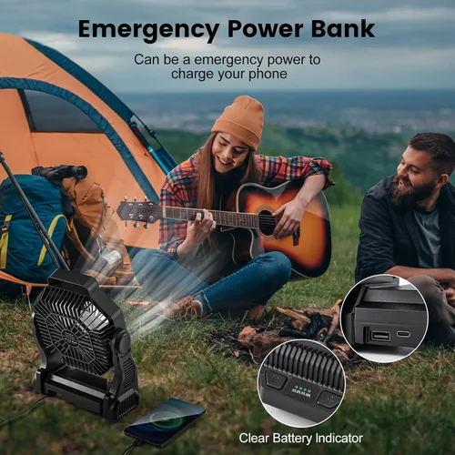 Miniatura 4 de Odoland Ventilador de campamento recargable, ventiladores de batería de 20000 mAh con linterna LED para tienda de campaña, auto, tormenta de playa