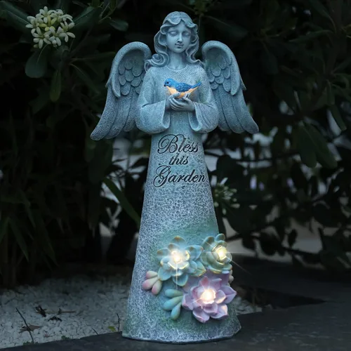Miniatura 8 de Estatua de jardín de ángeles, decoración al aire libre, jardín de ángel sosteniendo pájaro con luces solares, regalos de jardinería para mamá