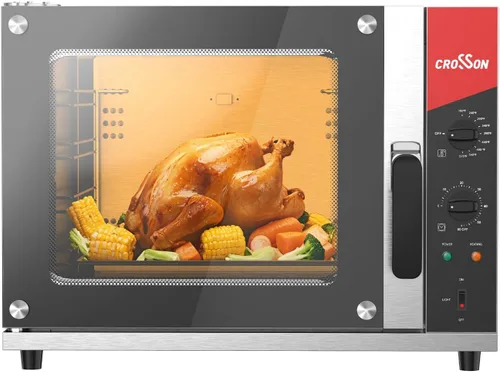 CROSSON Horno de convección de medio tamaño de 68L, horno tostador comercial de 4 niveles con puerta frontal de vidrio, 4 juegos de bandejas y