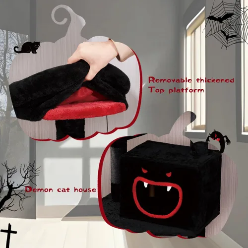 Miniatura 5 de YARUOMY Árbol gótico para gatos con cama de ataúd, torre negra de 62.5 pulgadas con espacioso condominio para gatos estilo demonio, percha de felpa