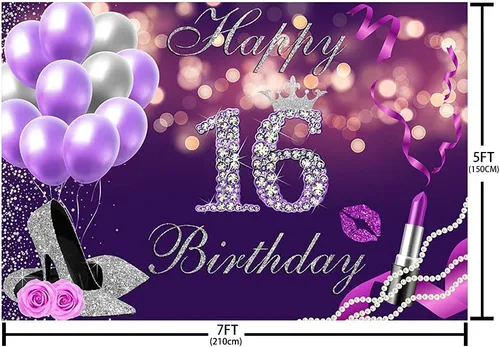 Miniatura 5 de Telón de fondo de feliz cumpleaños número 16 de 7 x 5 pies, globos Bokeh morados con purpurina plateada con purpurina, fondo de lápiz labial