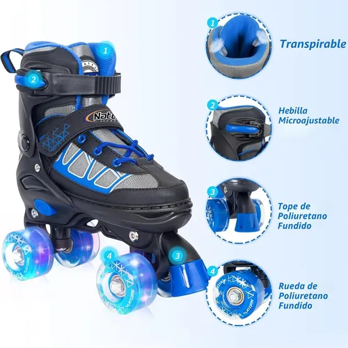 Miniatura 3 de Nattork Patines de ruedas para niños y niñas, 4 tamaños ajustables con ruedas iluminadas para niños principiantes para interiores y exteriores Azul