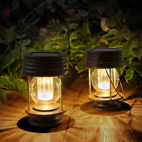 Miniatura 8 de pearlstar Faroles solares colgantes al aire libre con asa para decoración de caminos, patio, jardín, lámpara de mesa solar impermeable, paquete de 2