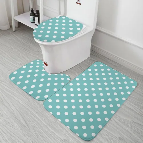 Miniatura 6 de Juego de 3 alfombras de baño con diseño de lunares, color azul aguamarina, antideslizante, con contorno en forma de U y tapa de inodoro