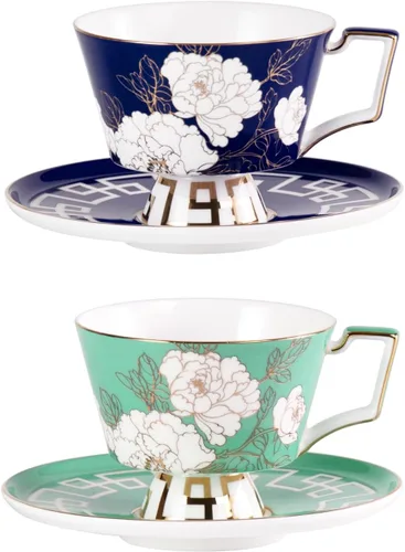 Miniatura 19 de KAMMAK Juego de 2 tazas de café de cerámica, tazas de café de porcelana con platillos, 6.52 onzas hechas a mano, elegante taza de té de porcelana