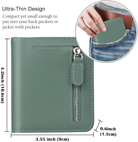 Miniatura 6 de Funtor Cartera de cuero para mujer, pequeña y compacta, con bolsillo doble, bloqueo RFID, para mujer