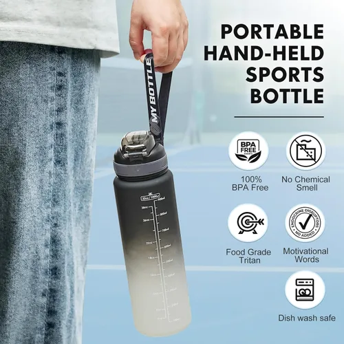 Miniatura 6 de Botella de agua deportiva con popote, botellas de agua de 32 onzas con marcador de tiempo para niños y niñas, botella de agua simple y moderna
