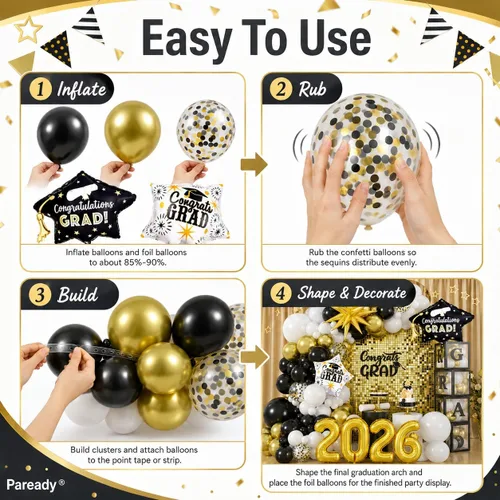 Miniatura 8 de Kit de Arco de Globos Paready Graduación 2025, 120 Piezas de Arco de Globos Graduación Negro y Dorado, Globos de Confeti Negro y Dorado Metálicos