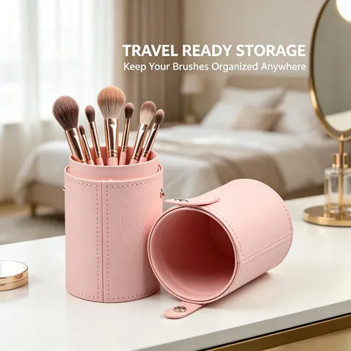 Miniatura 4 de PU Leather Makeup Storage Holder Cosmetic Cup, Travel Makeup Brush Holder Organizer Case with Button Closure, Portable Cosmetic Brush Storage