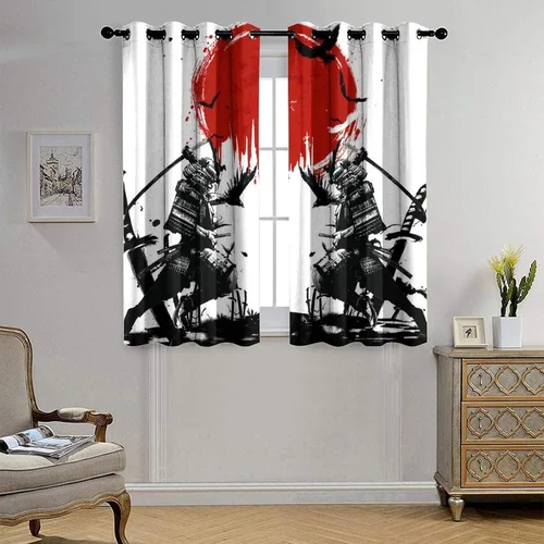 Miniatura 4 de Cortinas opacas samuráis japonesas para dormitorio, tinta de acuarela, espada samurái, estampado de sol rojo, ojales, aislamiento térmico, cortinas