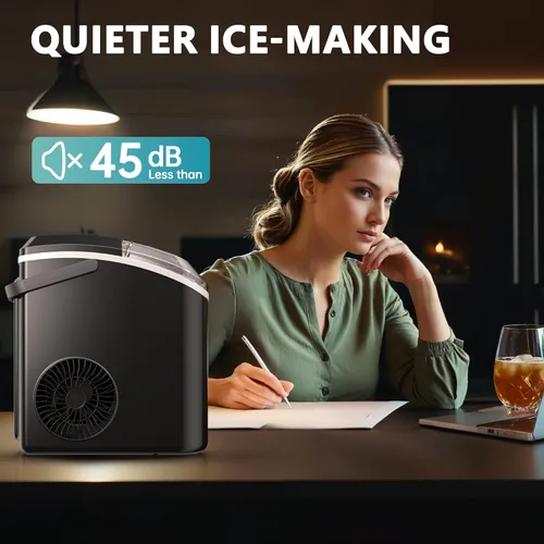 Miniatura 7 de EUHOMY, Fabricador de hielo para encimera con asa, listo en 6 minutos, 34 libras por día, cubierta superior extraíble, autolimpiante, máquina