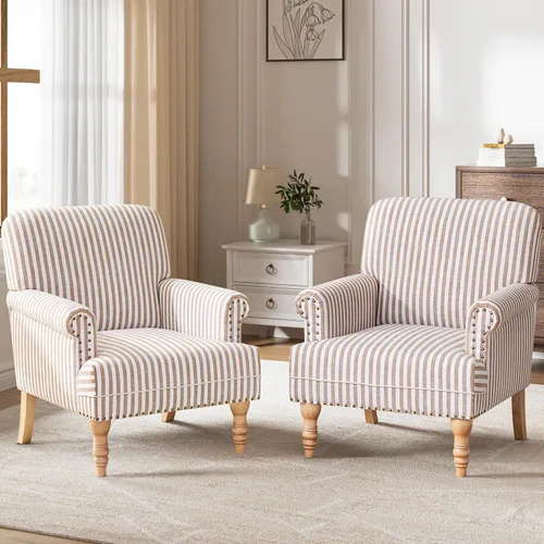 Miniatura 8 de HUIMO Silla decorativa de tela de lino, sillón moderno de mediados de siglo con patas de madera maciza, sillón individual, silla tapizada para club