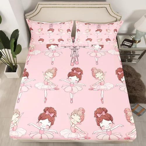 Miniatura 13 de Juego de ropa de cama Kawaii tamaño individual, sábana bajera ajustable de dibujos animados para niños y niñas, juego de ropa de cama de ballet