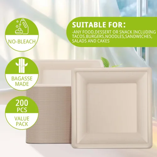 Miniatura 4 de LIYH Paquete de 200 platos de papel cuadrados de caña de azúcar compostables de 6 pulgadas, platos de postre biodegradables y de cóctel desechables