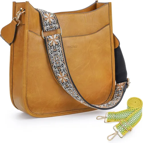 HKCLUF Bolso cruzado para mujer, de cuero vegano, con correa de guitarra, bolso de hombro con 2 correas ajustables