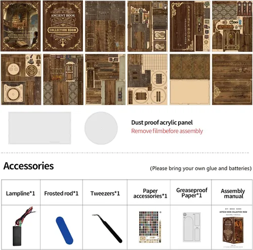 Miniatura 6 de Kit de rincón de libros para adultos, rompecabezas de madera 3D, kit de casa en miniatura de la biblioteca antigua con luz LED y cubierta antipolvo
