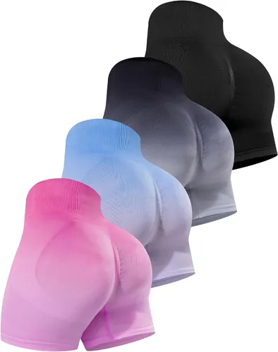 Miniatura 20 de CHRLEISURE Pantalones Cortos de Entrenamiento para Mujer, 4 Paquetes, Cintura Alta, Levantamiento de Glúteos con Fruncido, Pantalones Cortos Booty