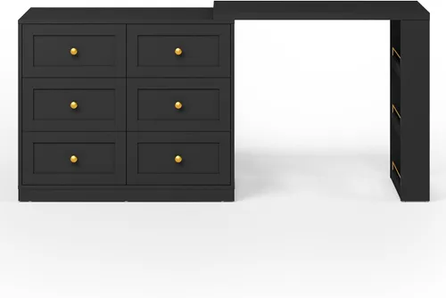 Miniatura 9 de RoyalCraft Combo de escritorio extensible y tocador, mesa de maquillaje de 67 pulgadas con cajones y 3 estantes laterales, tocador de madera