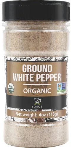 Soeos Pimienta blanca orgánica molida, 4 onzas, sin OMG, pimienta fresca en polvo a granel, empacada para mantener los pimientos frescos, pimienta