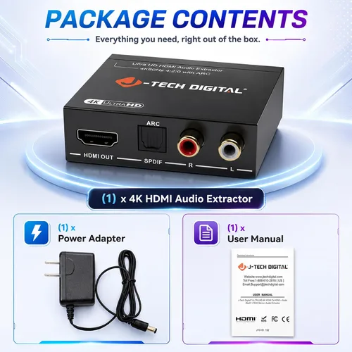 Miniatura 7 de J-Tech - Convertidor de extractor de audio HDMI digital 4K 60Hz con óptica SPDIF, 3 modos de audio EDID, paso HDCP y soporte de sistema AV heredado