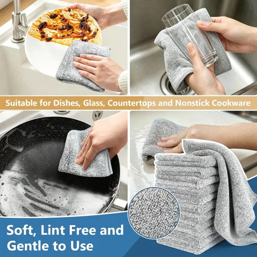 Miniatura 4 de Paños de Tela de Cocina para Platos (Paquete de 12), Paños de Cocina Premium, Paño de Limpieza de Microfibra Súper Absorbente, Antiadherente al Gris