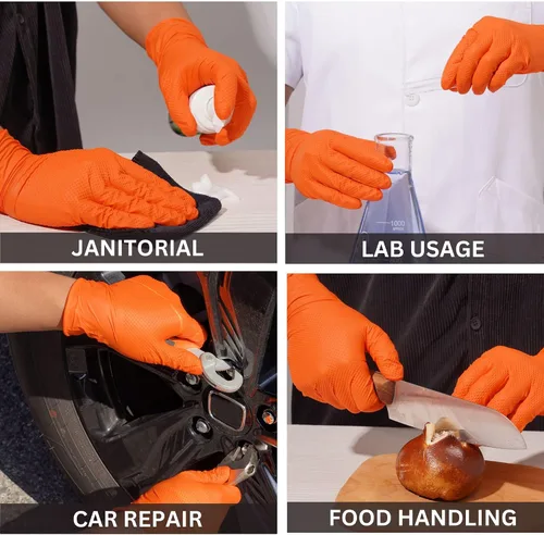 Miniatura 6 de Industrial Nitrile Gloves – Heavy Duty Latex & Powder Free Disposable Gloves with Diamond Texture Naranja