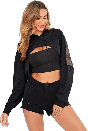 Miniatura 3 de Verdusa Sudadera corta con capucha y cordón para mujer con hombros caídos de red transparente