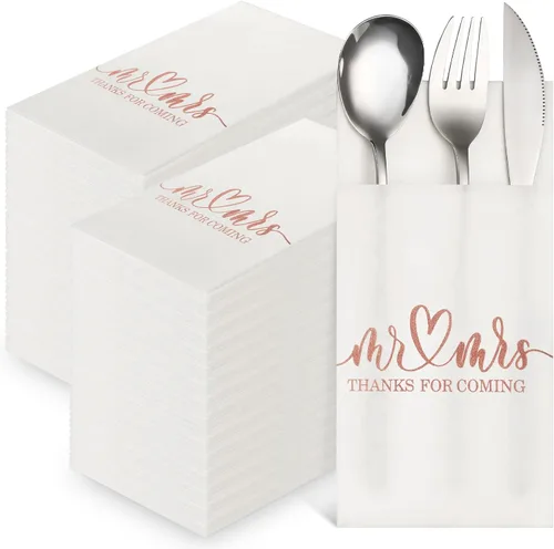 Miniatura 8 de Panelee 100 servilletas de boda con bolsillo integrado para cubiertos de Mr and Mrs personalizadas, sensación de lino, suministros de cena Dorado
