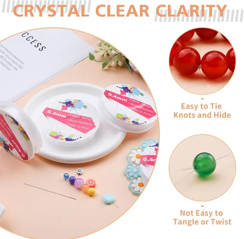 Miniatura 2 de UOOU Cuerda de pulsera de 0.016 in/4 rollos, cuerda elástica para pulseras, hilo de cuentas transparente elástico de 196.9 ft con agujas de cuentas