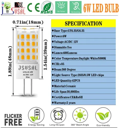 Miniatura 2 de Bombilla LED GY6.35 regulable, T4 JC tipo GY6.35/G6.35 base bi-pin, AC/DC 12V luz blanca diurna 5000K, 6W equivalente a 50-65W G6.35/GY6.35 Luz
