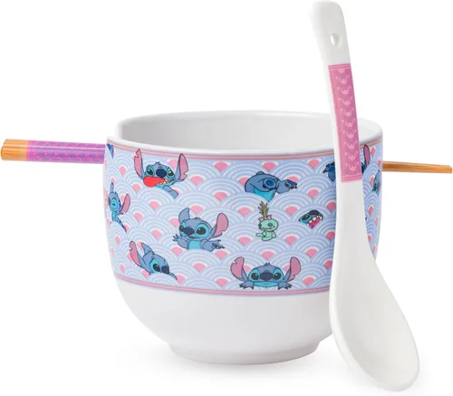 Silver Buffalo Lilo and Stitch Scrump Waves - Tazón de arroz de cerámica con patrón japonés para ramen, con palillos y cuchara, apto para Cuchara